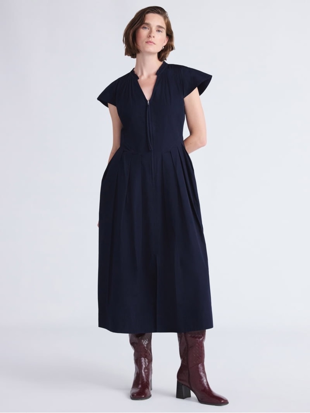 Free Assembly XS Cotton Zip-Front Navy Maxi  Pocket Dress with Cap Sleeves
